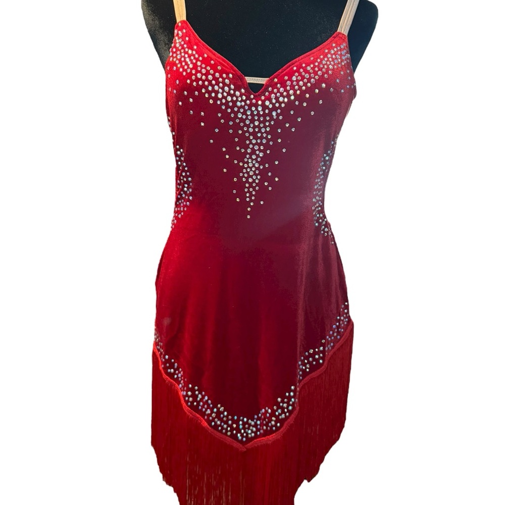 Women's Latin Dance Dress Backless Velvet Rhinestone Competition Fringe XXL New